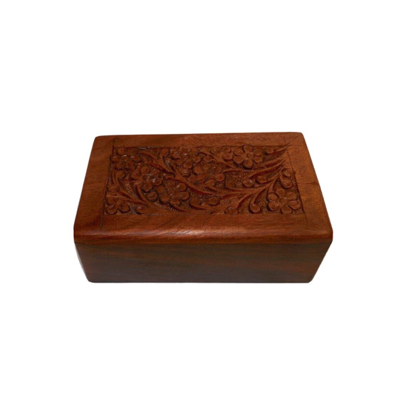 Handcarved Floral Keepsake Wood Jewelry Box With Slide open Bottom - Picture 2 of 16